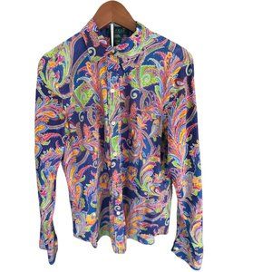 Ralph Lauren Floral Jacobean Stained Glass Aegean Blue Button Blouse Wms P/M
